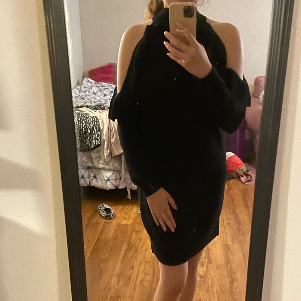 Black shoulder cut out sweater dress